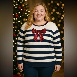 Kim Rogers Women Size 3X Blue/ White Stripe Pink Sequin Bow bohemian